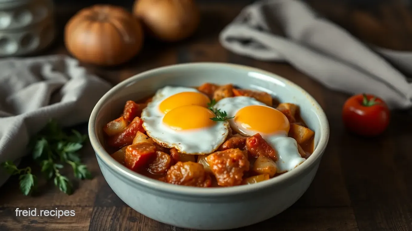 Fried Eggs with Potato, Pepper & Chorizo Stew