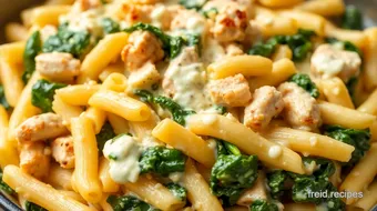 Bake Chicken Pasta with Creamy Spinach Goodness recipe card