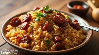 My Grandmother's Fried Rice with Sausage - Spicy Flavorful Delight recipe card