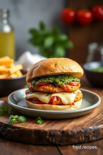 Crispy Chicken Parmesan Burgers with Fresh Pesto presentation