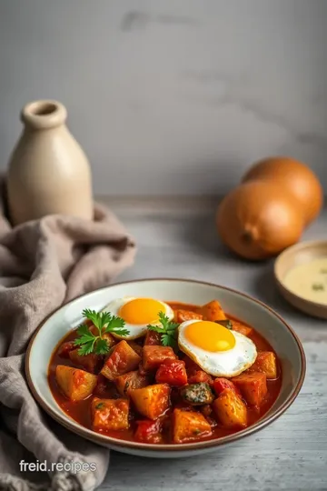 Fried Eggs with Potato Pepper & Chorizo Stew presentation