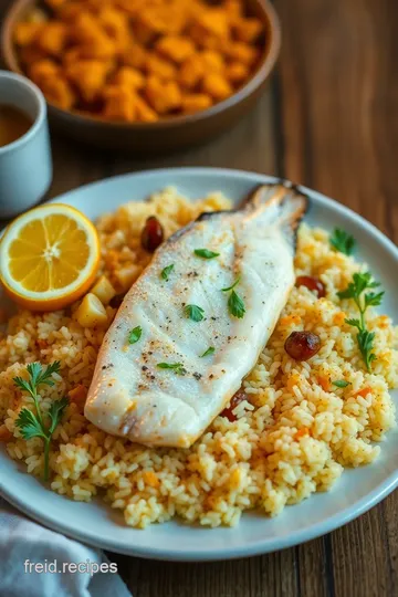 Machboos Simmach - Spiced Fried Fish with Rice presentation