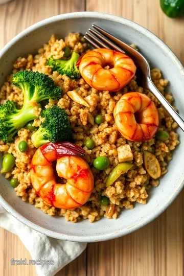 Miso Brown Rice & Broccoli Salad with Fiery Prawns presentation