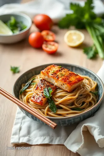 Soy & Ginger Salmon with Soba Noodles presentation